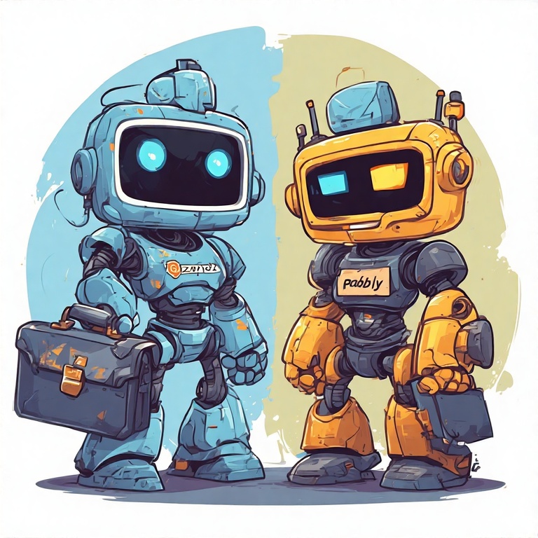 Two cartoon-style robots—one blue and one yellow-orange—stand side by side, each with distinct features and friendly expressions, symbolizing a head-to-head comparison in automation tools.