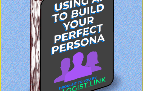 Dark book cover titled “Using AI to Build Your Perfect Persona” with silhouettes of three people in purple tones, set against a blue patterned background. Text at the bottom reads “Brought to you by: Syllogist Link.”
